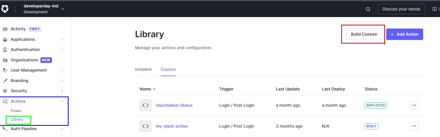Auth0 Page with a button named Build Custom alongside another button to Add Action below them a table of existing actions