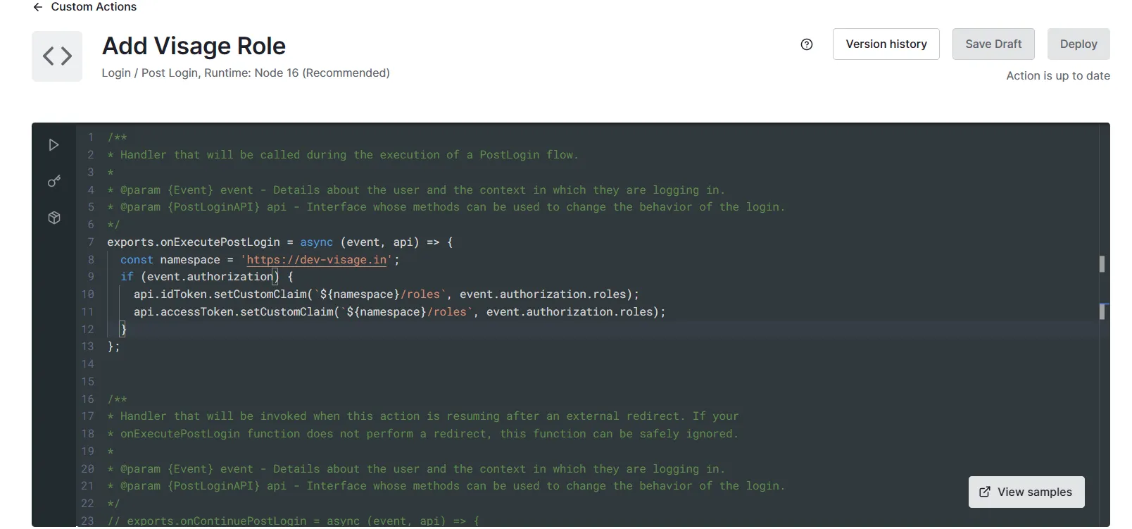 A Monaco code editor is pre-filled with code snippet to add roles to the ID Token and the Access token