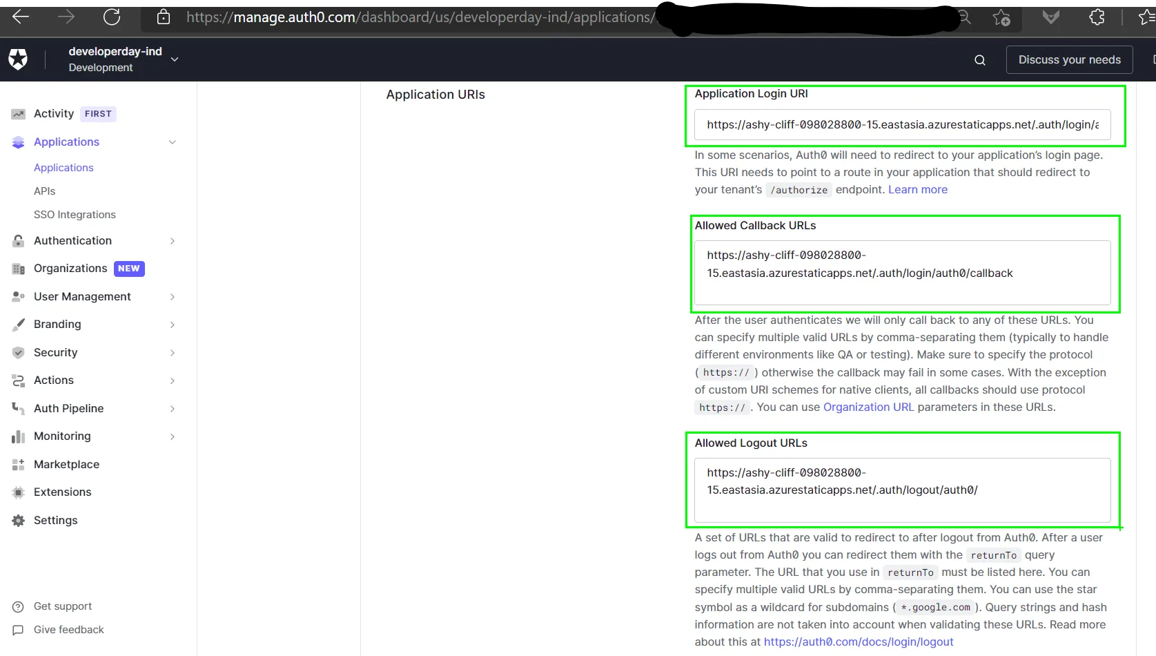 Auth0 Application Details page with the Application URIs