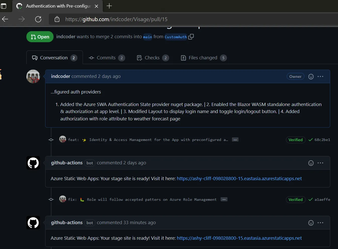 Visage GitHub Actions page with Azure SWA comments with stage URL