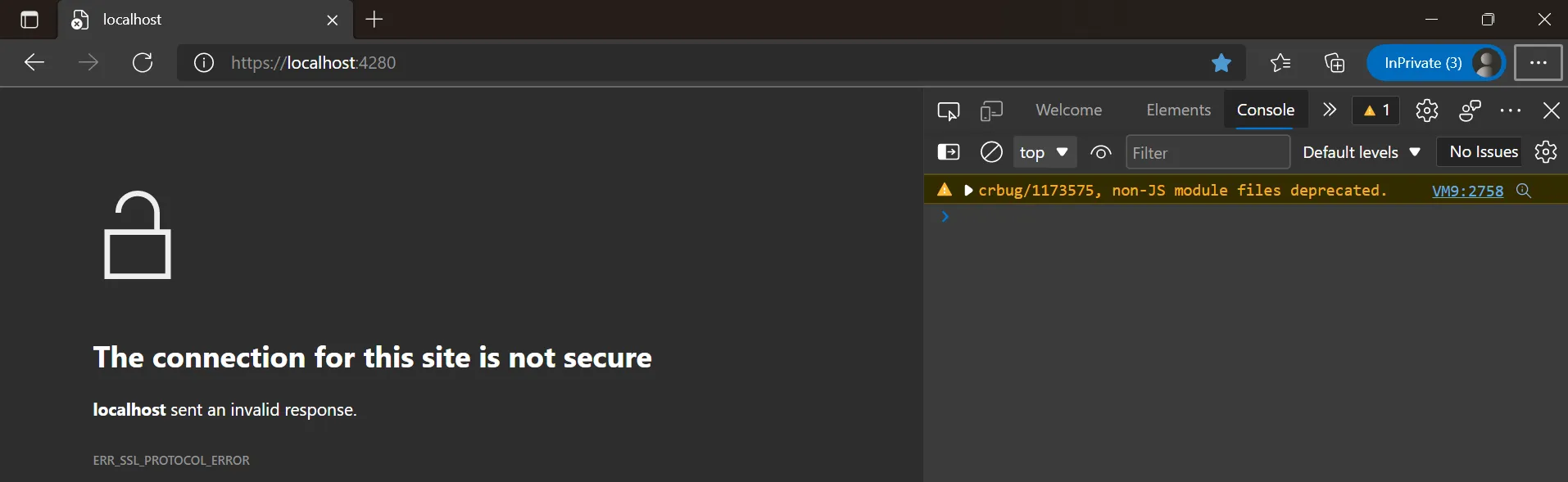 Browser page displayed with the message of insecure connection